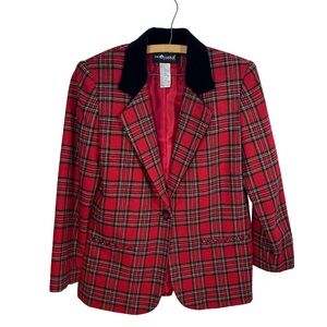 Vintage Sag Harbor Petite Red Plaid Wool Blend Blazer - Size 8P (Good Condition)